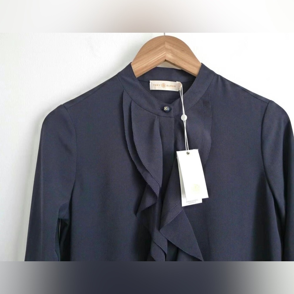 NWT Tory Burch Navy Jane Ruffle Crepe Dress Size 10 - Picture 2 of 6